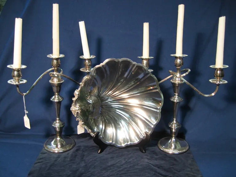 Pair of Triple Arm Candelabra. Silverplate along with a shell-shaped shrimp dish.