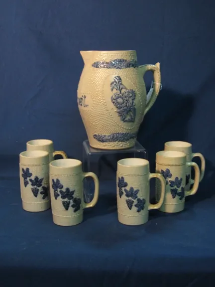 Blue and Gray Stoneware Beer Pitcher, with six mugs.