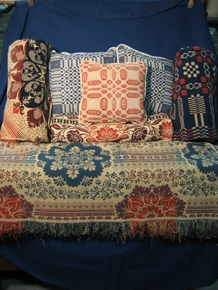 Great Selection of Coverlets, Coverlet pillows, good variety of both overshot and jacquard coverlets in stock.